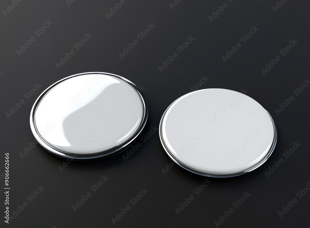 Two badges mocked up on a grey background in 3D Two badges mocked up on a grey background in 3D