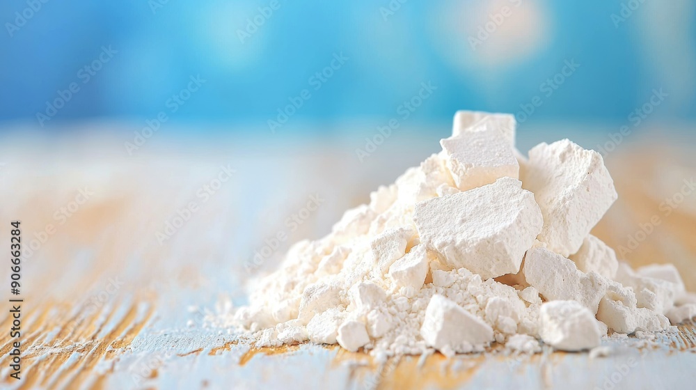 A close-up view of a pile of white powder on a wooden surface, ideal for culinary, baking, or food preparation concepts. A close-up view of a pile of white powder on a wooden surface, ideal for culinary, baking, or food preparation concepts.