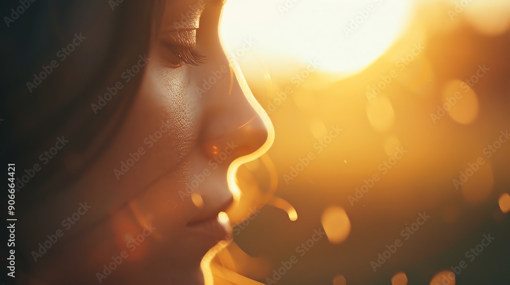 A serene profile of a woman illuminated by the golden glow of sunset, capturing a moment of reflection and tranquility. A serene profile of a woman illuminated by the golden glow of sunset, capturing a moment of reflection and tranquility.