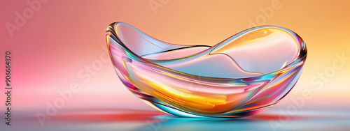 3D Render Abstract Extreme Macro Photography of Organic Glass Shape with Golden Yellow and Turquoise Reflections in Sine Curve Panel with Scallop Edges