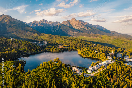 Mountain lake Strbske pleso. Strbske lake with view of the High Tatras National Park, Slovakia