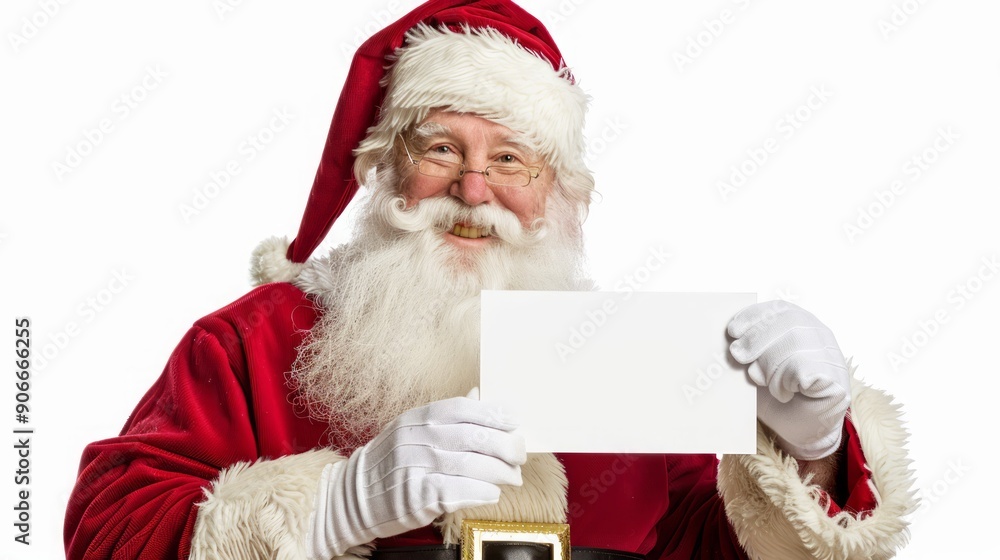 Naklejka premium Santa Claus Holding Blank White Card with Happy Smile. Concept of Christmas, Holiday Greetings, Festive Message, Seasonal Celebration. Greeting card, postcard, mockup, invitation, letter. Copy space