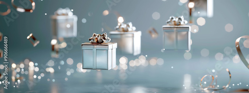 White Background with Levitation Glass Gift Boxes Realistic 3D Render for Holiday and Event Decoration photo