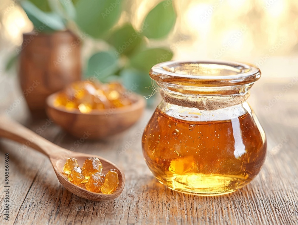 A glass jar filled with golden honey sits on a wooden table, surrounded by natural elements, perfect for culinary or wellness themes. A glass jar filled with golden honey sits on a wooden table, surrounded by natural elements, perfect for culinary or wellness themes.