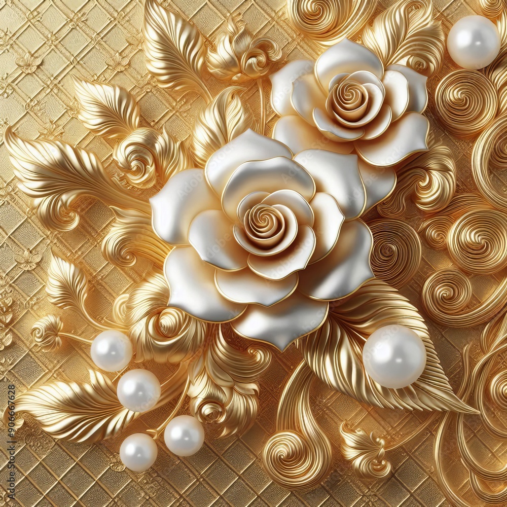 Elegant 3D golden floral design with intricate roses and pearls on a richly textured background, perfect for luxury and decor themes. Elegant 3D golden floral design with intricate roses and pearls on a richly textured background, perfect for luxury and decor themes.