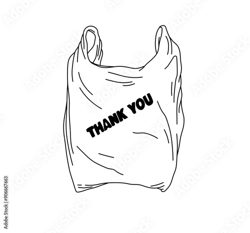 Vector isolated one single plastic bag package "Thank you" colorless black and white contour line easy drawing