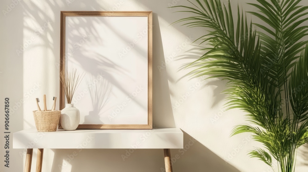 An interior home design rendering showing a mock-up frame on a white wall, a white desk, and a houseplant An interior home design rendering showing a mock-up frame on a white wall, a white desk, and a houseplant