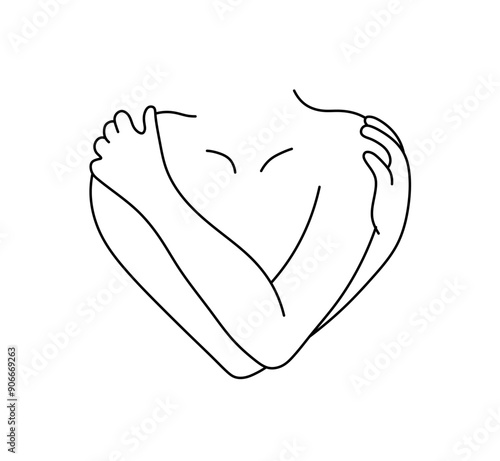 Vector isolated woman body hug yourself self love  colorless black and white contour line easy drawing