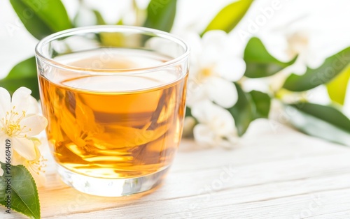 A refreshing glass of herbal tea surrounded by delicate flowers and green leaves on a wooden table. photo