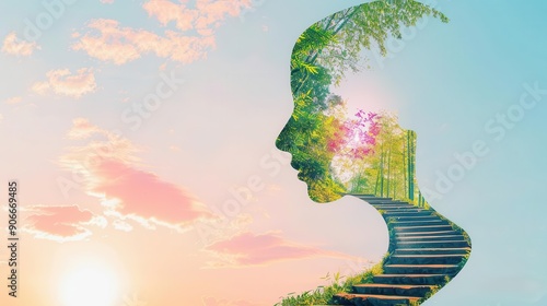 Abstract silhouette of a woman with nature and a stairway leading upwards.