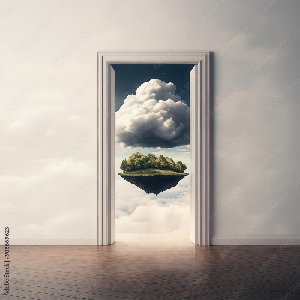 Fototapeta premium An open door leading to a surreal, floating island in the clouds.