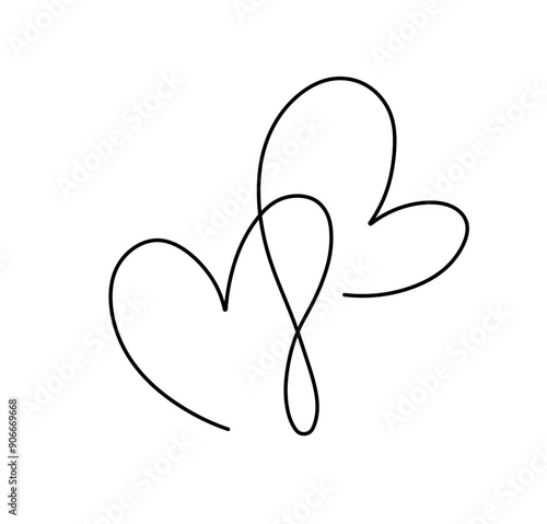 Vector isolated two hearts one single contemporary line art colorless black and white contour line easy drawing