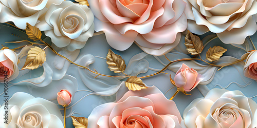 Seamless 3D White, Pink, and Red Cherry Blossom Flowers in Branches on a Light Background. Abstract Floral 3D Landscape Wall Sticker. Hd Seamless Magnolia, Frangipani, Rose Flower Wallpaper.