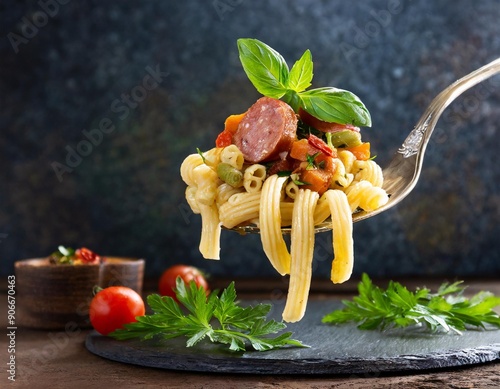 Pasta mit Salsiccia, Gemüse und frischen Kräutern auf einer Gabel photo