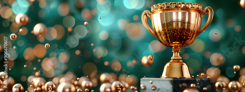 Animated GIF of Gold Trophy Against Green Abstract Background with Metal Lines and Photobashing Effects in High Detail photo