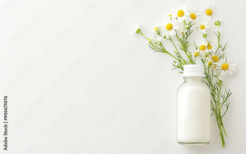 A serene composition featuring a bottle of milk alongside fresh chamomile flowers, perfect for health and wellness themes. A serene composition featuring a bottle of milk alongside fresh chamomile flowers, perfect for health and wellness themes.