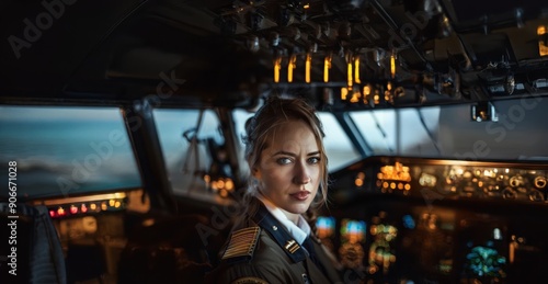 Portrait of a Female Pilot in an Airplane Cockpit.Generated image photo