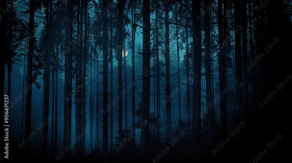 Naklejka premium A dark, eerie forest illuminated by moonlight with tall, thin trees creating a mysterious atmosphere.