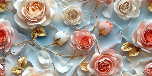 Seamless 3D White, Pink, and Red Cherry Blossom Flowers in Branches on a Light Background. Abstract Floral 3D Landscape Wall Sticker. Hd Seamless Magnolia, Frangipani, Rose Flower Wallpaper.