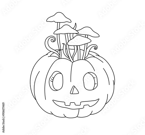 Vector isolated one single pumpkin head with mushrooms inside colorless black and white contour line easy drawing