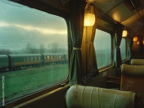 Interior view of a train car with passengers and seats photo