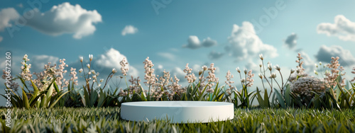 Simple Round White Pedestal Against a Clear Blue Sky, Ideal for Minimalist Backgrounds photo