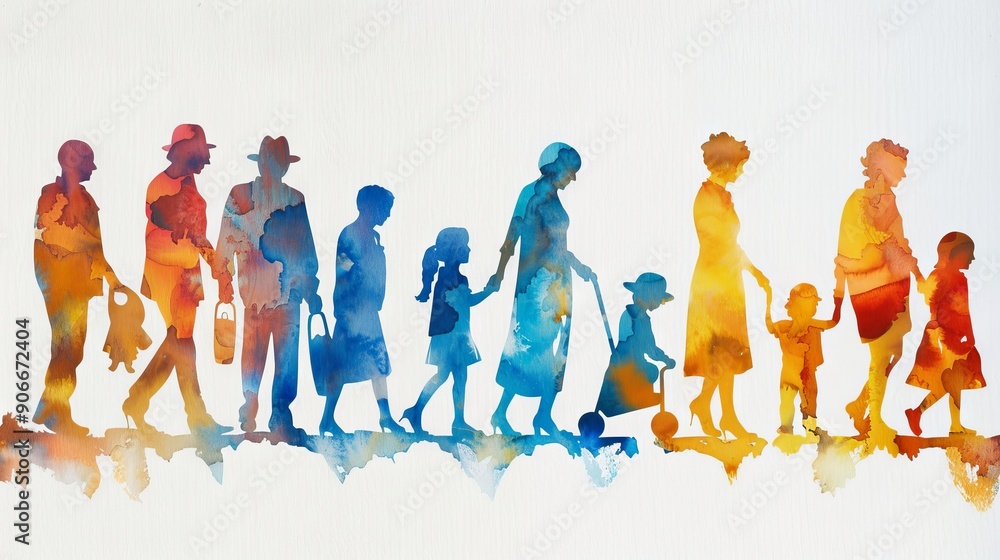 Obraz premium A watercolor banner depicting silhouettes of people of different ages. The concept of celebrating the day of family, care and mutual understanding of different generations 