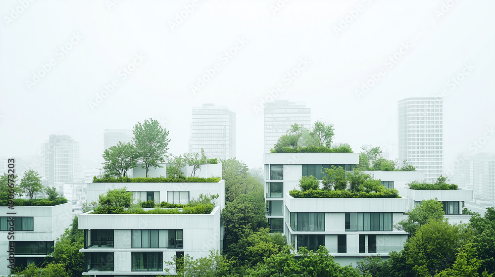 Obraz premium Green roofs and vertical gardens are prominent in this urban landscape, illustrating the city’s dedication to sustainability and advanced ecological solutions for a greener environment. 