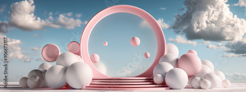 3D Render of a Red Podium Against a Sky Background for Valentine's Day Celebrations photo