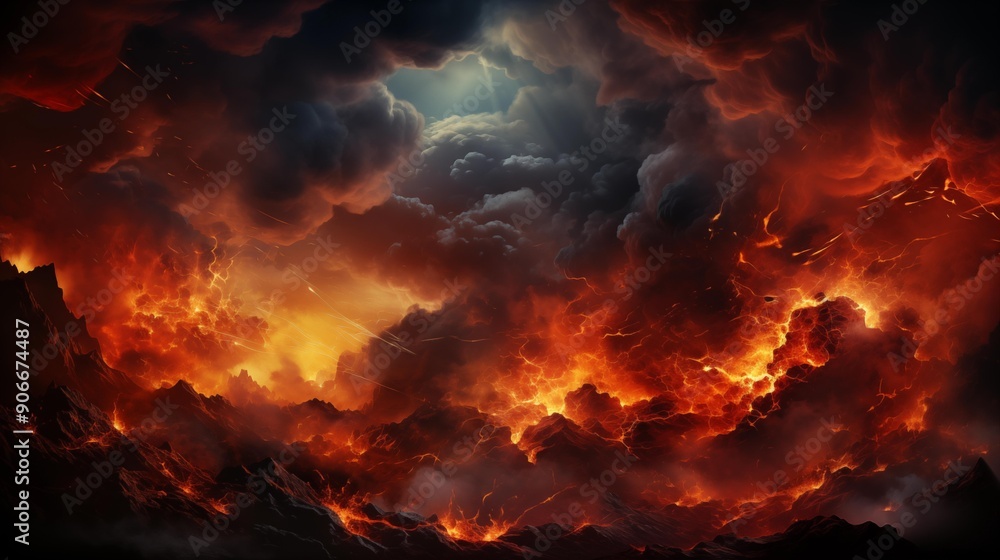 A fiery, apocalyptic scene with clouds of fire and lava A fiery, apocalyptic scene with clouds of fire and lava