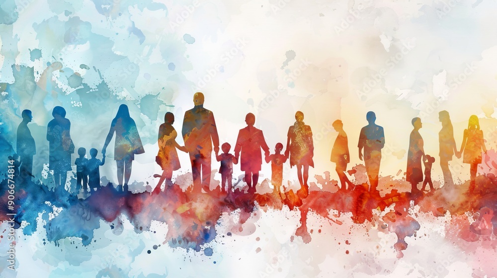 A watercolor banner depicting silhouettes of people of different ages. The concept of celebrating the day of family, care and mutual understanding of different generations A watercolor banner depicting silhouettes of people of different ages. The concept of celebrating the day of family, care and mutual understanding of different generations