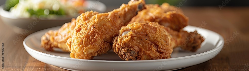 Crispy fried chicken drumsticks served on a plate, garnished with a fresh salad, perfect for family gatherings and celebrations. Crispy fried chicken drumsticks served on a plate, garnished with a fresh salad, perfect for family gatherings and celebrations.
