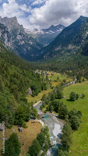 Aerial view of Val di Mello, a green valley surrounded by granite mountains and woods, renamed the Italian Yosemite Valley by nature lovers. Val Masino, Valtellina, Sondrio. Italy photo