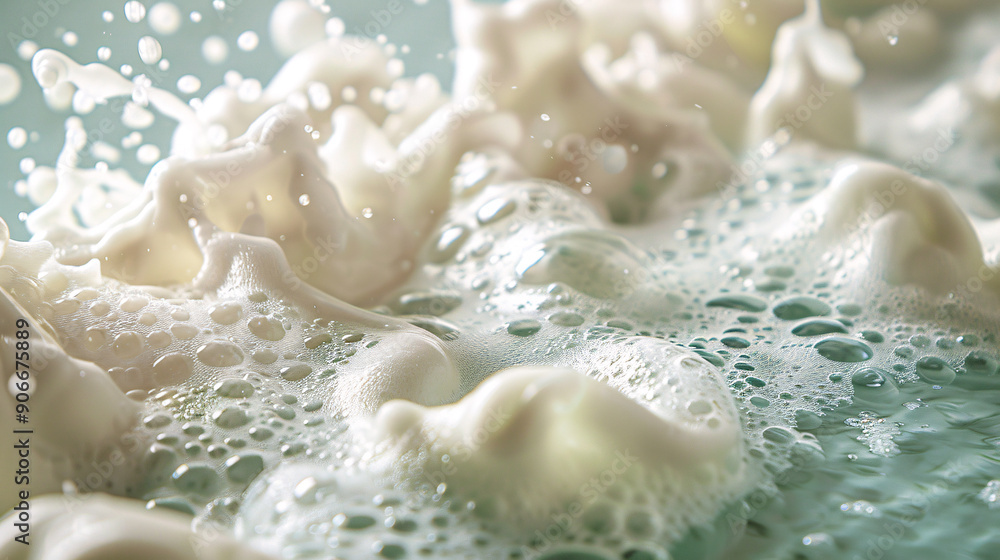 White soapy foam on a mint green surface close-up White soapy foam on a mint green surface close-up