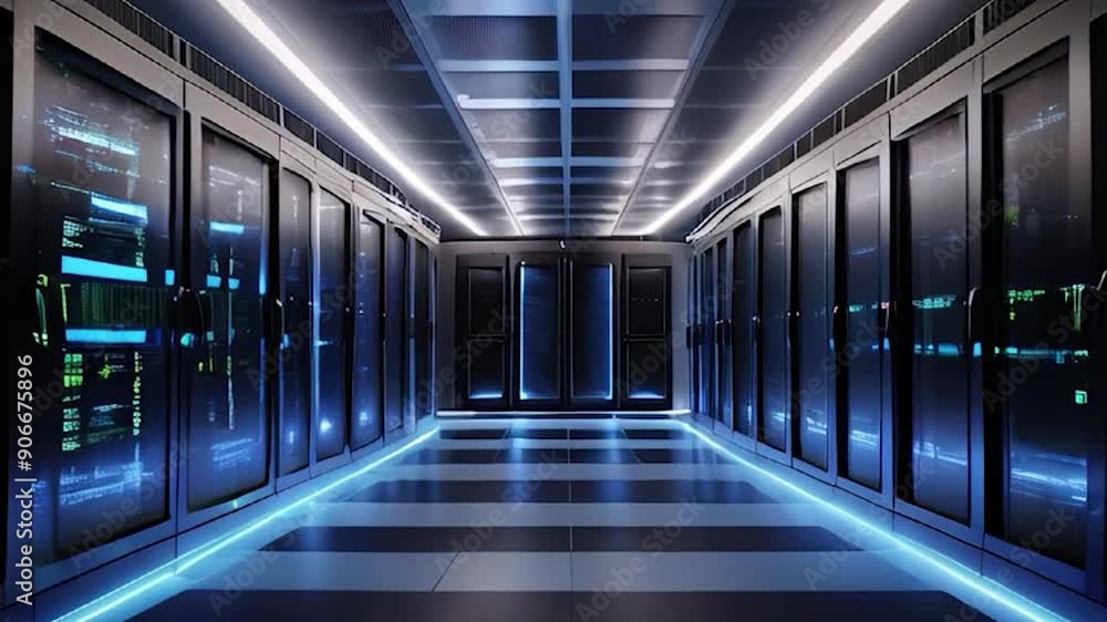 Server Room with Rows of Racks and Blue and White Lights Server Room with Rows of Racks and Blue and White Lights