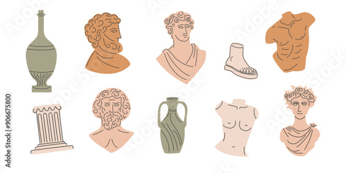 Set of ancient greek statue and classic vintage monument shapes. Ancient Greek and Roman. Greece culture antique illustration collection. Vector hand drawn.