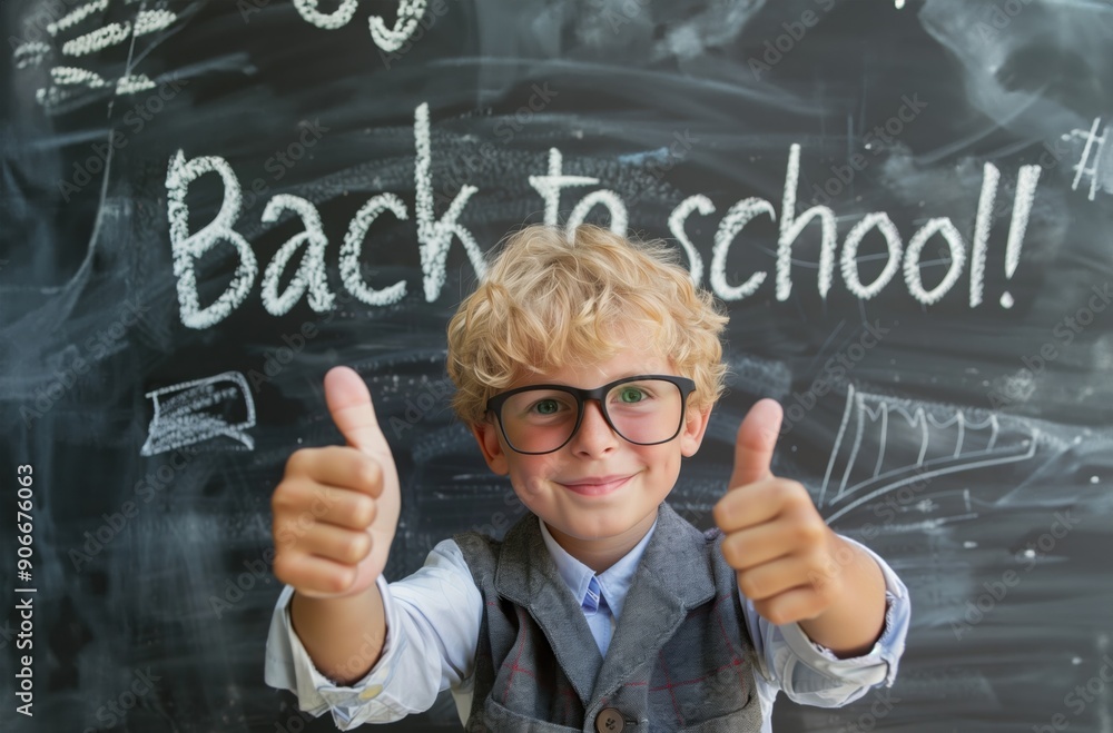 A schoolboy shows his thumbs up and smiles in front of a blackboard with writing on it A schoolboy shows his thumbs up and smiles in front of a blackboard with writing on it