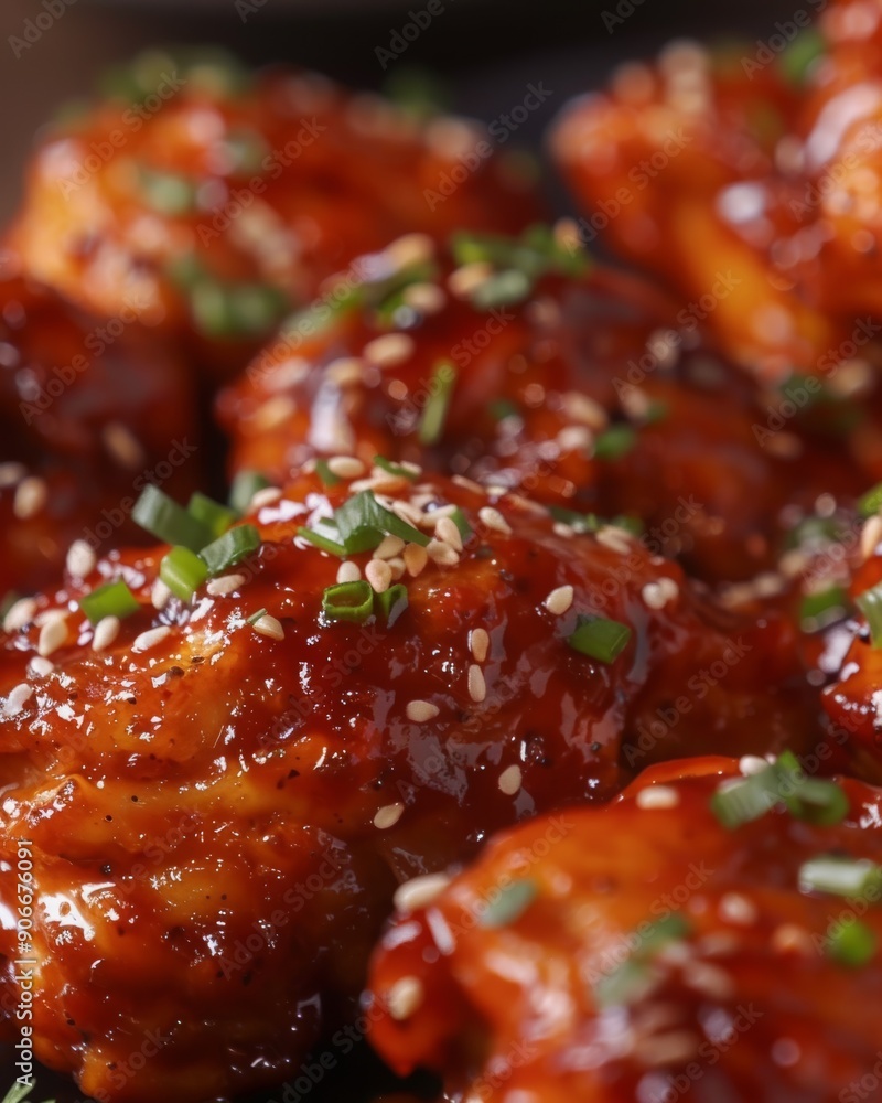 Spicy Korean Chicken on a plate with tasty and thick hot sauce. Spicy Korean Chicken on a plate with tasty and thick hot sauce.