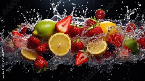 Close-up of vibrant, fresh fruit in a water splash freeze-frame