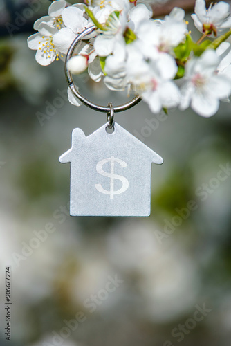 Symbol of the house on the branches of a flowering cherry
 photo