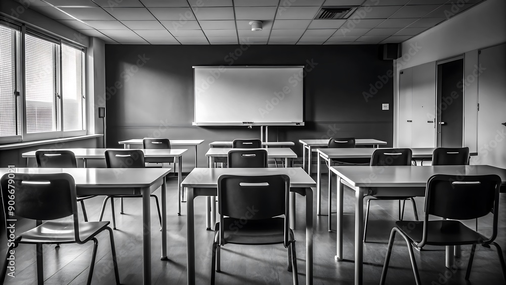 An empty classroom with modern desk and chairs. Modern class room interior An empty classroom with modern desk and chairs. Modern class room interior