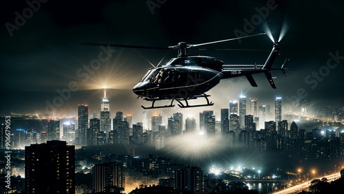 Helicopter hovering above a city at night, searchlight beam piercing through fog