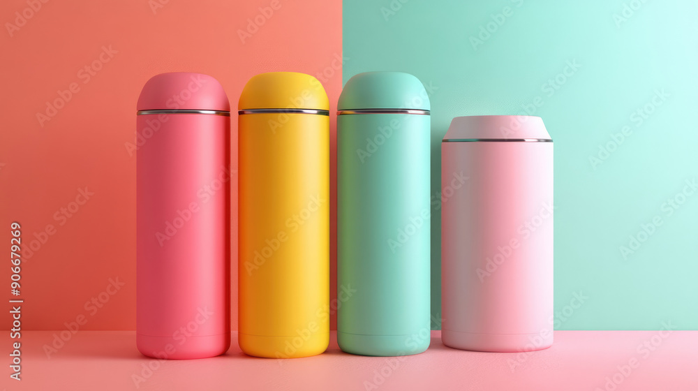 Stylish and Colorful Insulated Drink Containers Set Against a Trendy Background Design Stylish and Colorful Insulated Drink Containers Set Against a Trendy Background Design