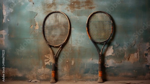 Close-up of vintage tennis rackets leaning against a wall