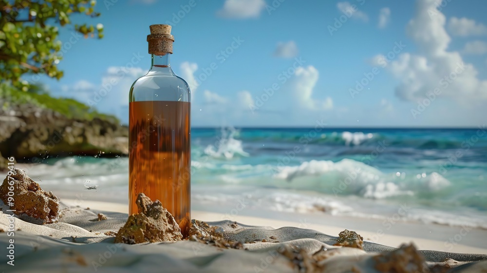 Obraz premium Glass Bottle on Sandy Beach with Ocean Background