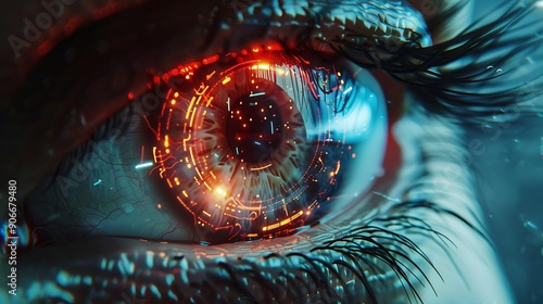 Close-up of an eye undergoing iris scan on a high-tech device, Identity Verification, biometric security measures photo