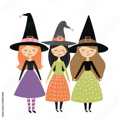 Three animated young witches holding hands, smiling, wearing colorful outfits pointed hats. Halloween celebration friendly witch characters, kids party costumes, cartoon style. Playful coven witches