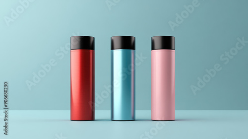 Stylish and Colorful Insulated Drink Containers Set Against a Trendy Background Design