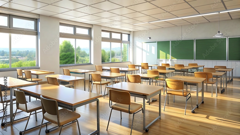 Empty classroom with modern desk and chairs. Interior of a modern school classroom Empty classroom with modern desk and chairs. Interior of a modern school classroom