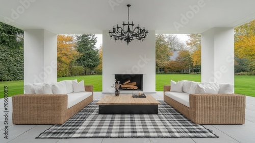 A spacious living area showcases stylish furniture, a stone fireplace, and large windows allowing abundant natural light and views of the lush outdoors